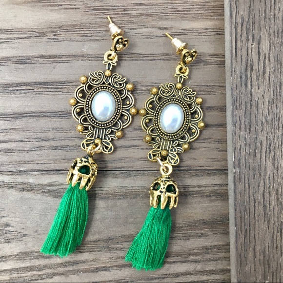 Only ships with $15 orders. Green Tassel Earrings - Picture 2 of 3